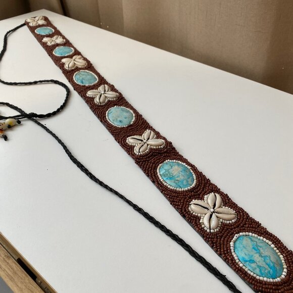 Betty Belts Beaded Shell Belt w/ Turquoise Stone & Long‎ Tassels 29" - Picture 5 of 6